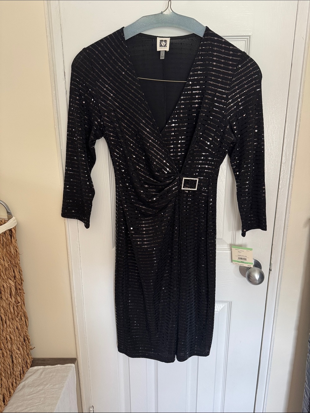 Anne Klein Black Sequin Wrap-Style Long Sleeve Dress